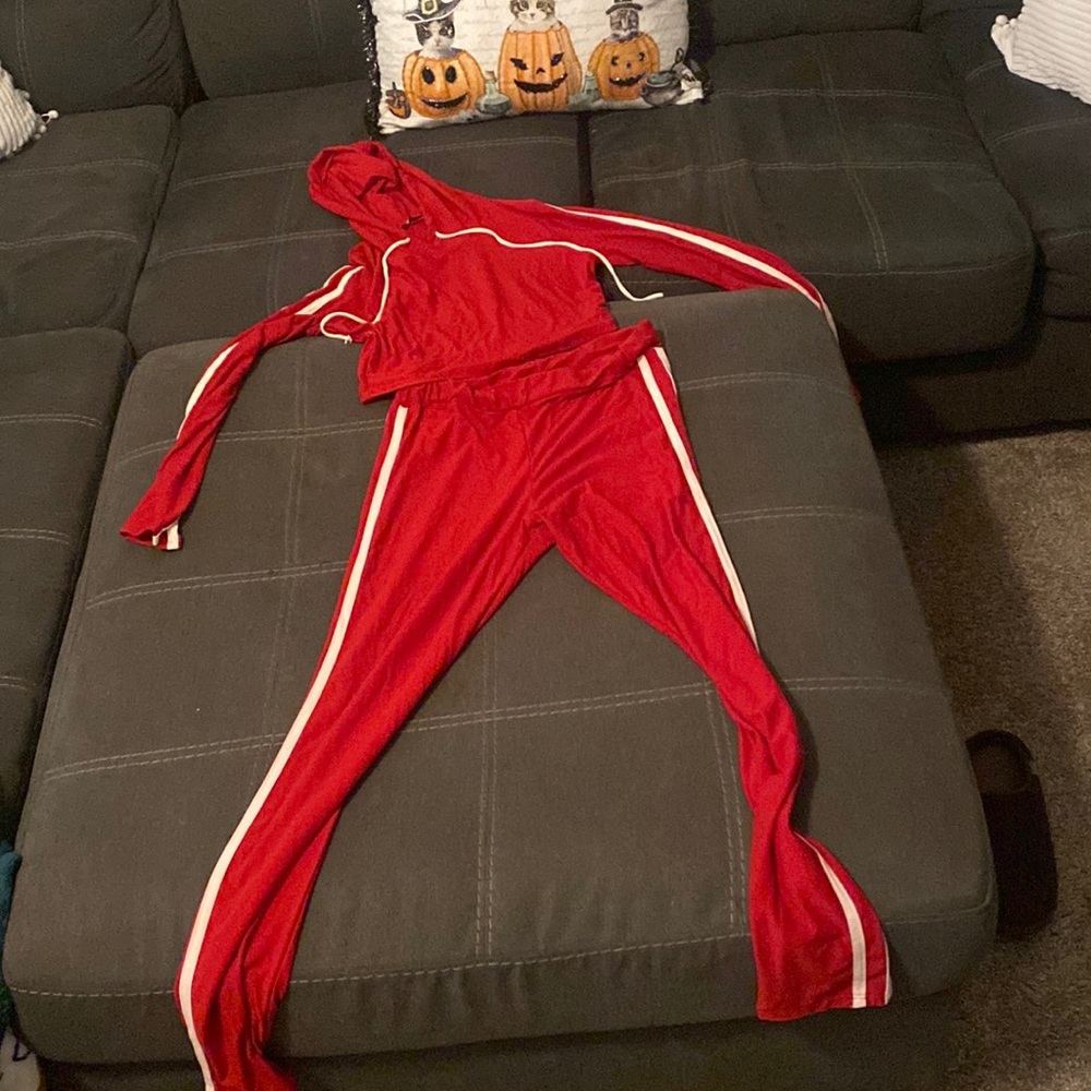 Red and white track suit